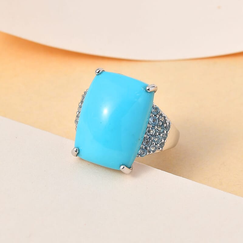 Premium Sleeping Beauty Turquoise and Swiss Blue Topaz 12.50 ctw Ring in Rhodium Over Sterling Silver (Size 5.0)