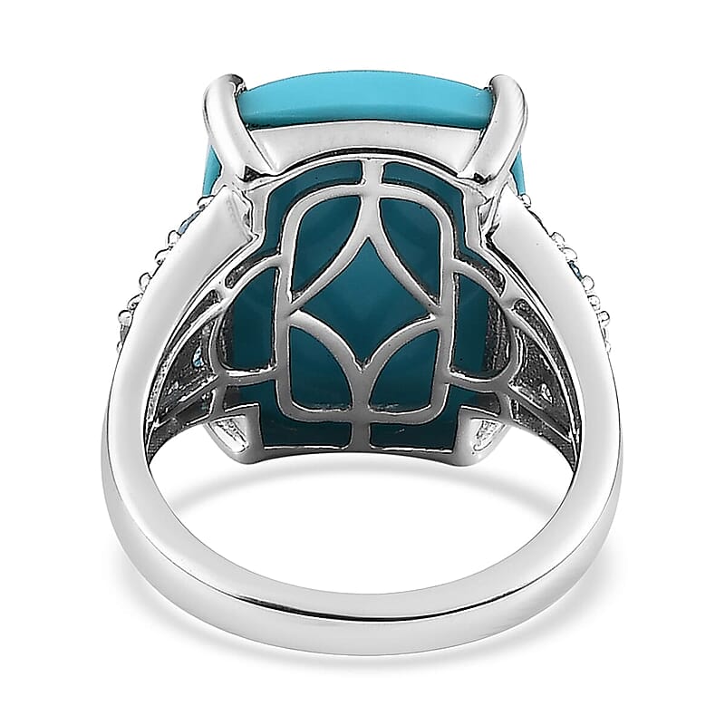 Premium Sleeping Beauty Turquoise and Swiss Blue Topaz 12.50 ctw Ring in Rhodium Over Sterling Silver (Size 5.0)