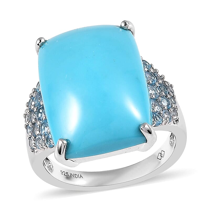 Premium Sleeping Beauty Turquoise and Swiss Blue Topaz 12.50 ctw Ring in Rhodium Over Sterling Silver (Size 7.0)