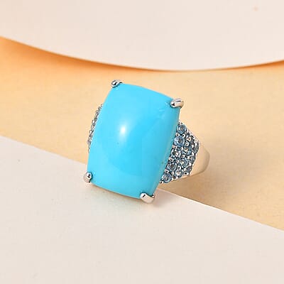 Premium Sleeping Beauty Turquoise and Swiss Blue Topaz 12.50 ctw Ring in Rhodium Over Sterling Silver (Size 8.0)