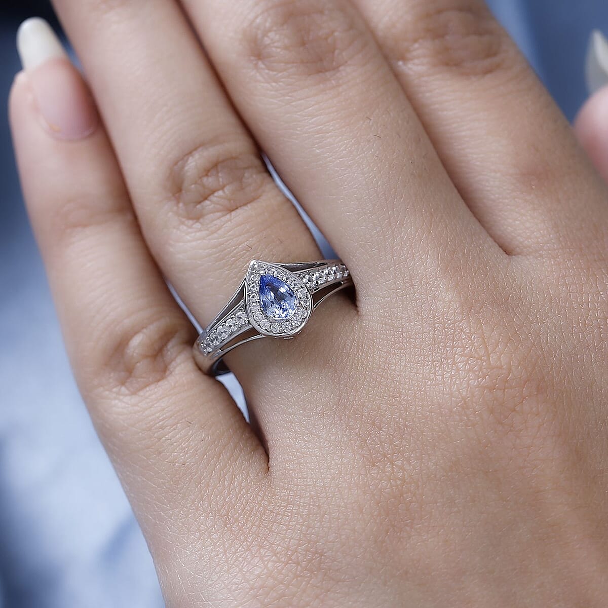 Ceylon Blue Sapphire and White Zircon Halo Ring in Platinum Over Sterling Silver (Size 10.0) 0.75 ctw image number 2