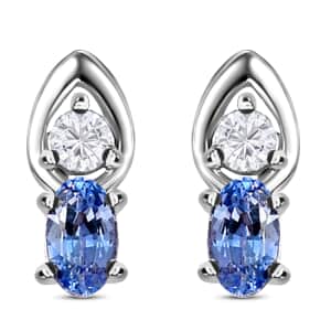 Ceylon Blue Sapphire and White Zircon Earrings in Platinum Over Sterling Silver 0.70 ctw