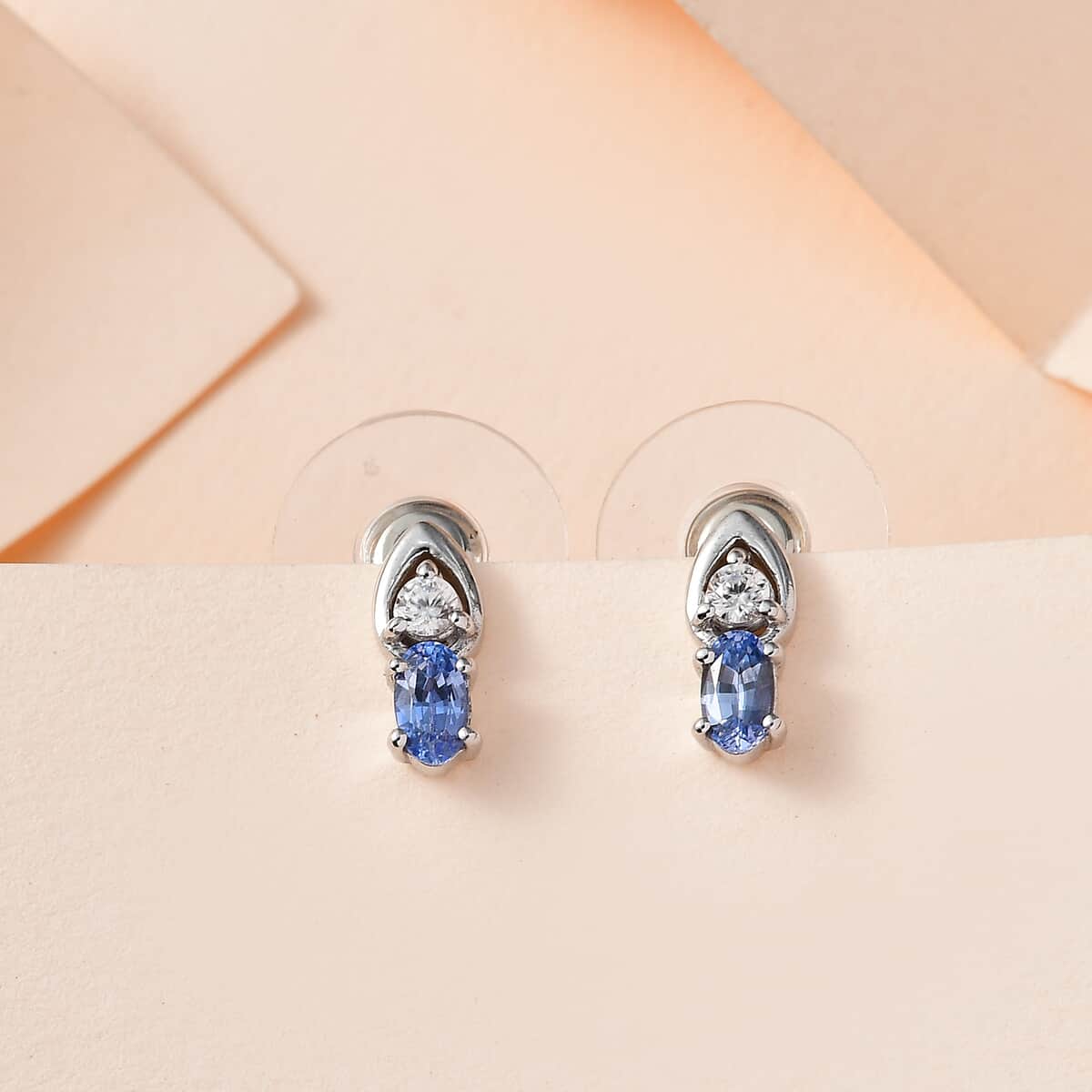 Ceylon Blue Sapphire and White Zircon Earrings in Platinum Over Sterling Silver 0.70 ctw image number 1