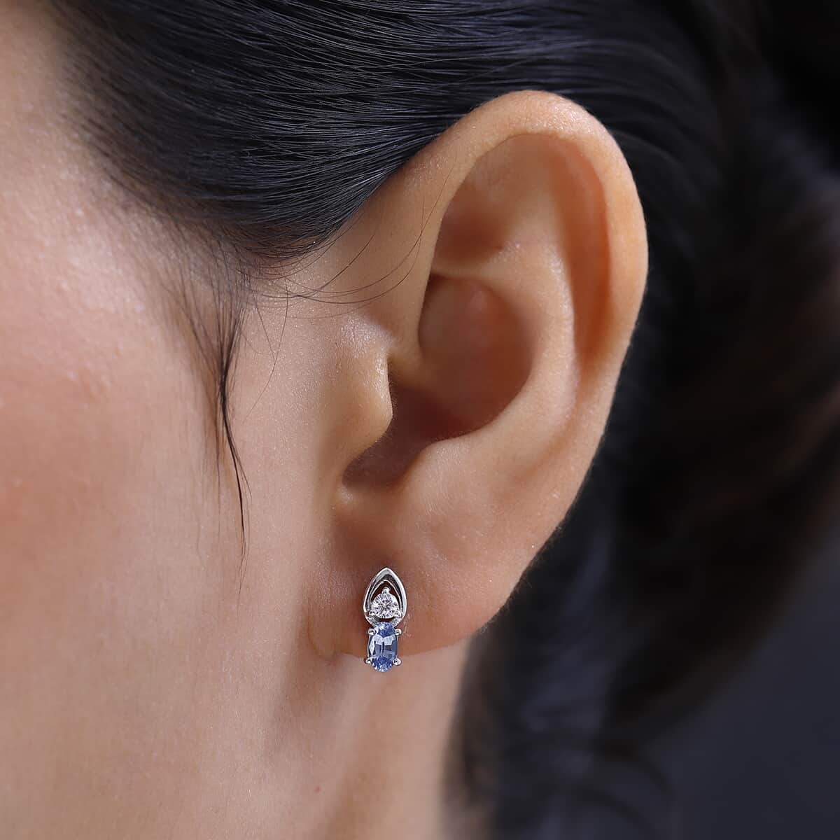 Ceylon Blue Sapphire and White Zircon Earrings in Platinum Over Sterling Silver 0.70 ctw image number 2