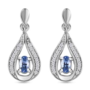 Ceylon Blue Sapphire and White Zircon Dangling Earrings in Platinum Over Sterling Silver 0.75 ctw