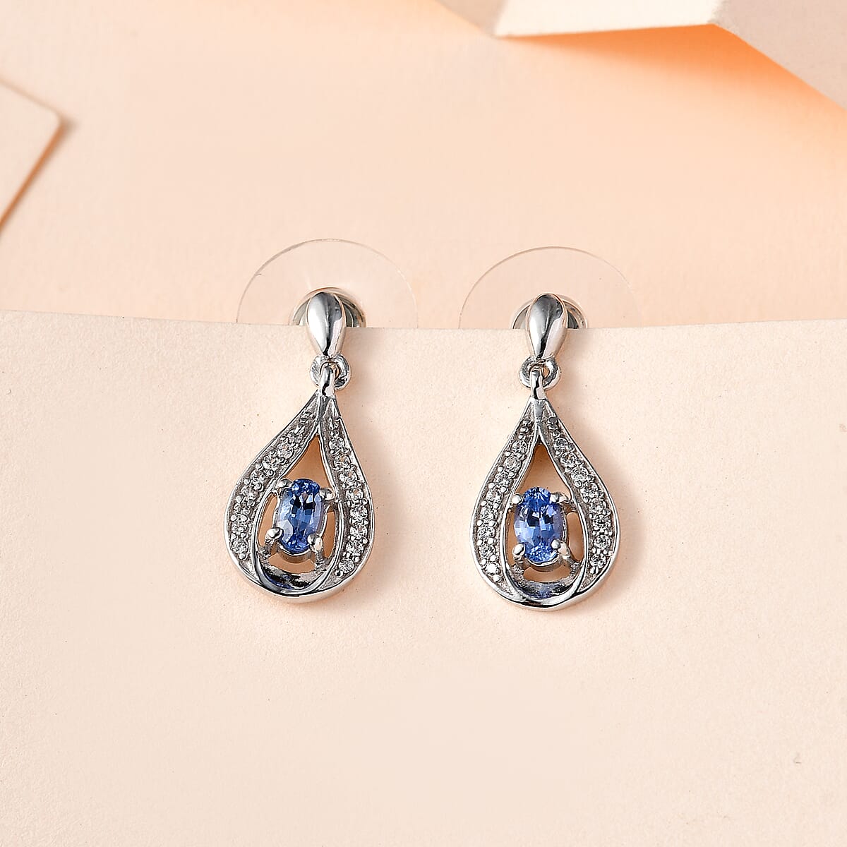 Ceylon Blue Sapphire and White Zircon Dangling Earrings in Platinum Over Sterling Silver 0.75 ctw image number 1