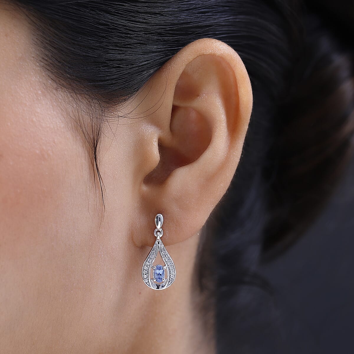 Ceylon Blue Sapphire and White Zircon Dangling Earrings in Platinum Over Sterling Silver 0.75 ctw image number 2