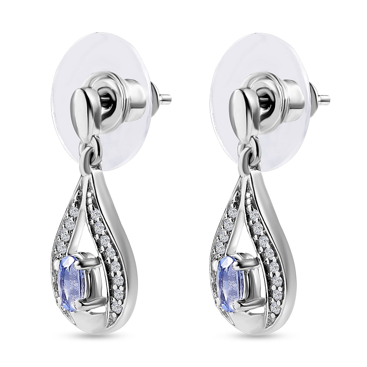 Ceylon Blue Sapphire and White Zircon Dangling Earrings in Platinum Over Sterling Silver 0.75 ctw image number 3