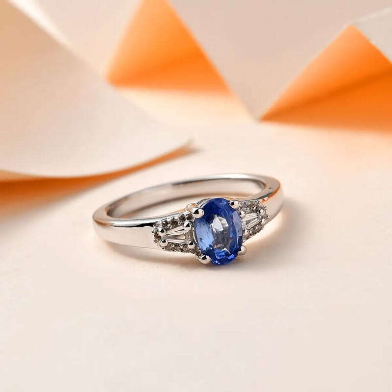 Ceylon Blue Sapphire and White Zircon Ring in Platinum Over Sterling Silver (Size 10.0) 1.35 ctw