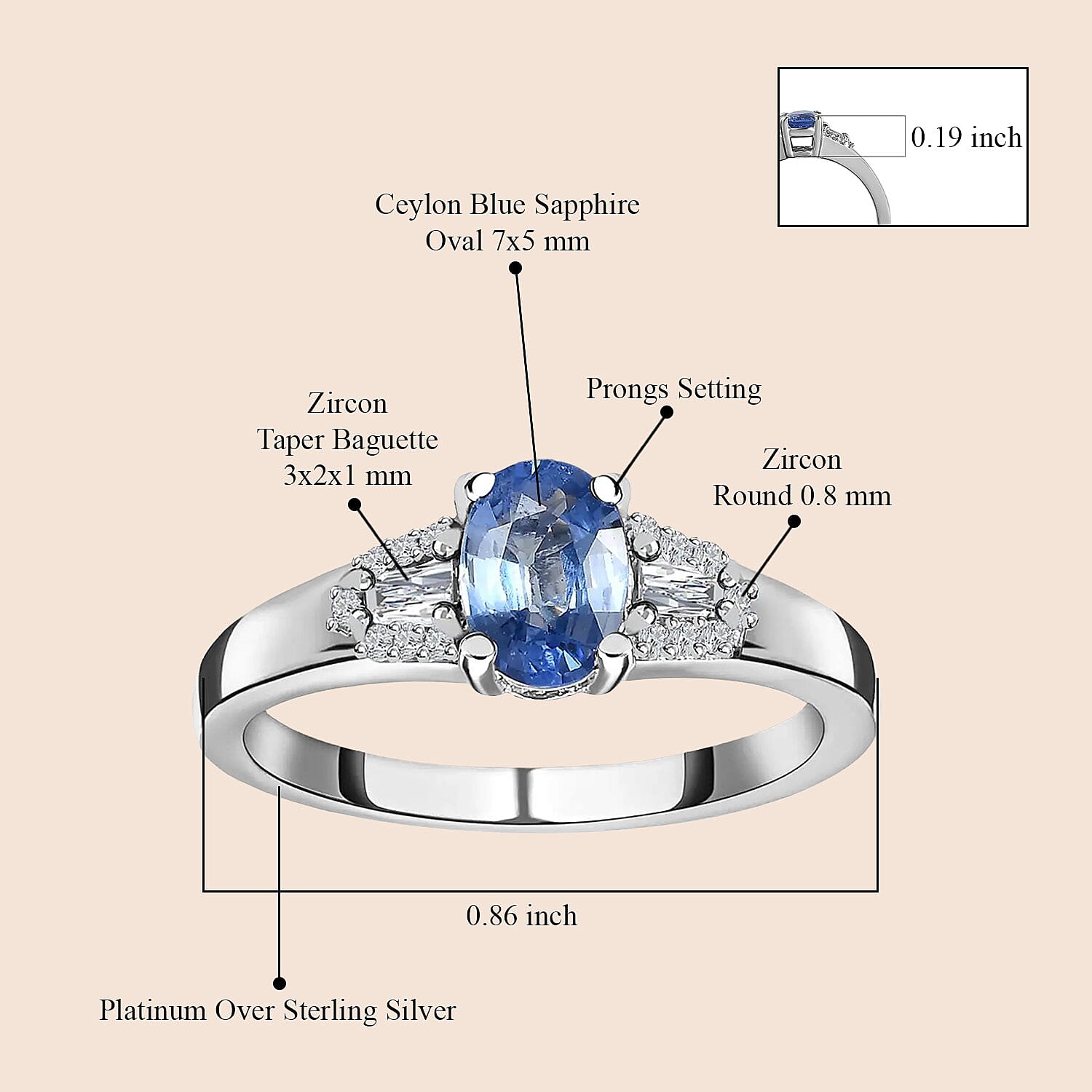 Ceylon Blue Sapphire and White Zircon Ring in Platinum Over Sterling Silver (Size 10.0) 1.35 ctw