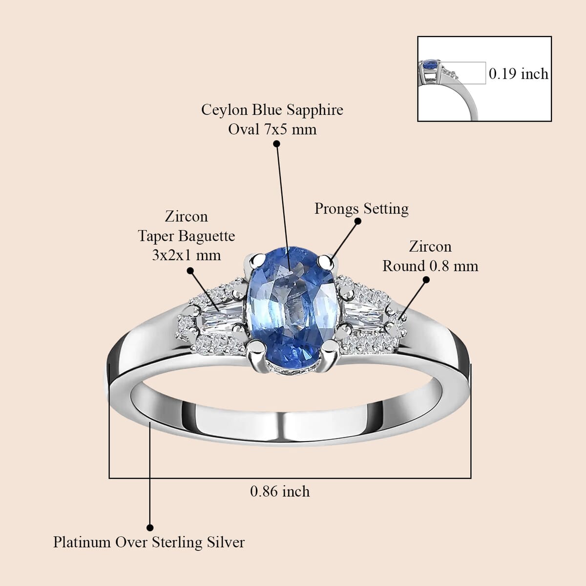 Ceylon Blue Sapphire, White Zircon Ring in Platinum Over Sterling Silver (Size 10.0) 1.35 ctw image number 4