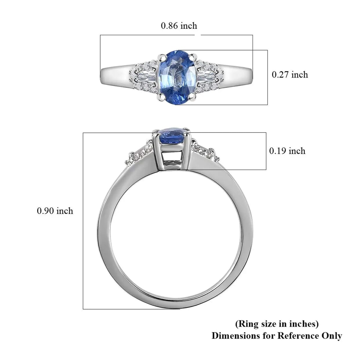 Ceylon Blue Sapphire, White Zircon Ring in Platinum Over Sterling Silver (Size 10.0) 1.35 ctw image number 6