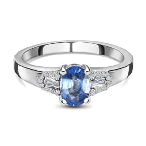 Ceylon Blue Sapphire and White Zircon Ring in Platinum Over Sterling Silver (Size 6.0) 1.35 ctw