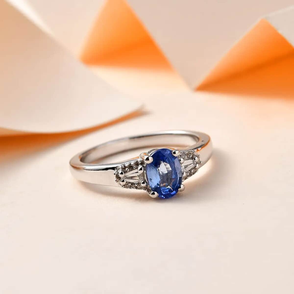 Ceylon Blue Sapphire and White Zircon Ring in Platinum Over Sterling Silver (Size 6.0) 1.35 ctw image number 1