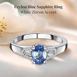 Ceylon Blue Sapphire and White Zircon Ring in Platinum Over Sterling Silver (Size 6.0) 1.35 ctw