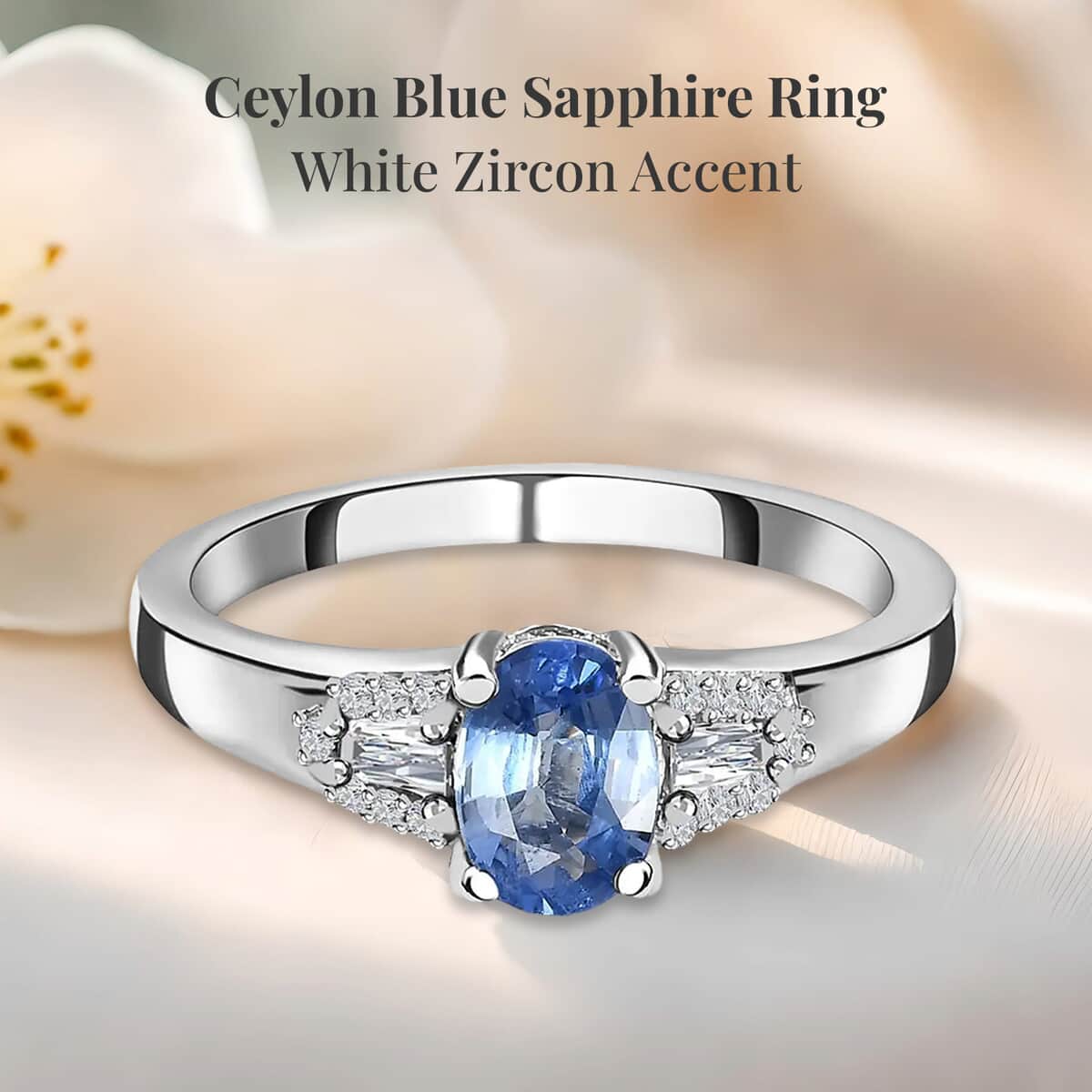 Ceylon Blue Sapphire and White Zircon Ring in Platinum Over Sterling Silver (Size 6.0) 1.35 ctw image number 2