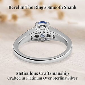 Ceylon Blue Sapphire and White Zircon Ring in Platinum Over Sterling Silver (Size 6.0) 1.35 ctw