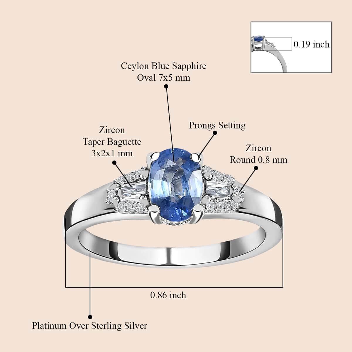 Ceylon Blue Sapphire and White Zircon Ring in Platinum Over Sterling Silver (Size 6.0) 1.35 ctw image number 4