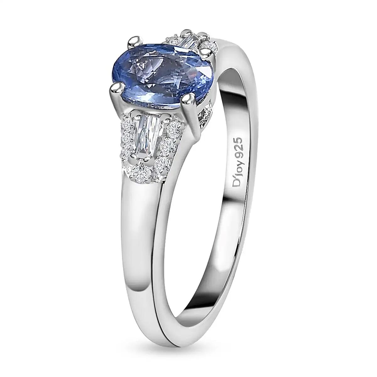 Ceylon Blue Sapphire and White Zircon Ring in Platinum Over Sterling Silver (Size 6.0) 1.35 ctw image number 7