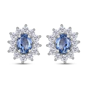 Ceylon Blue Sapphire and White Zircon Sunburst Stud Earrings in Platinum Over Sterling Silver 1.35 ctw