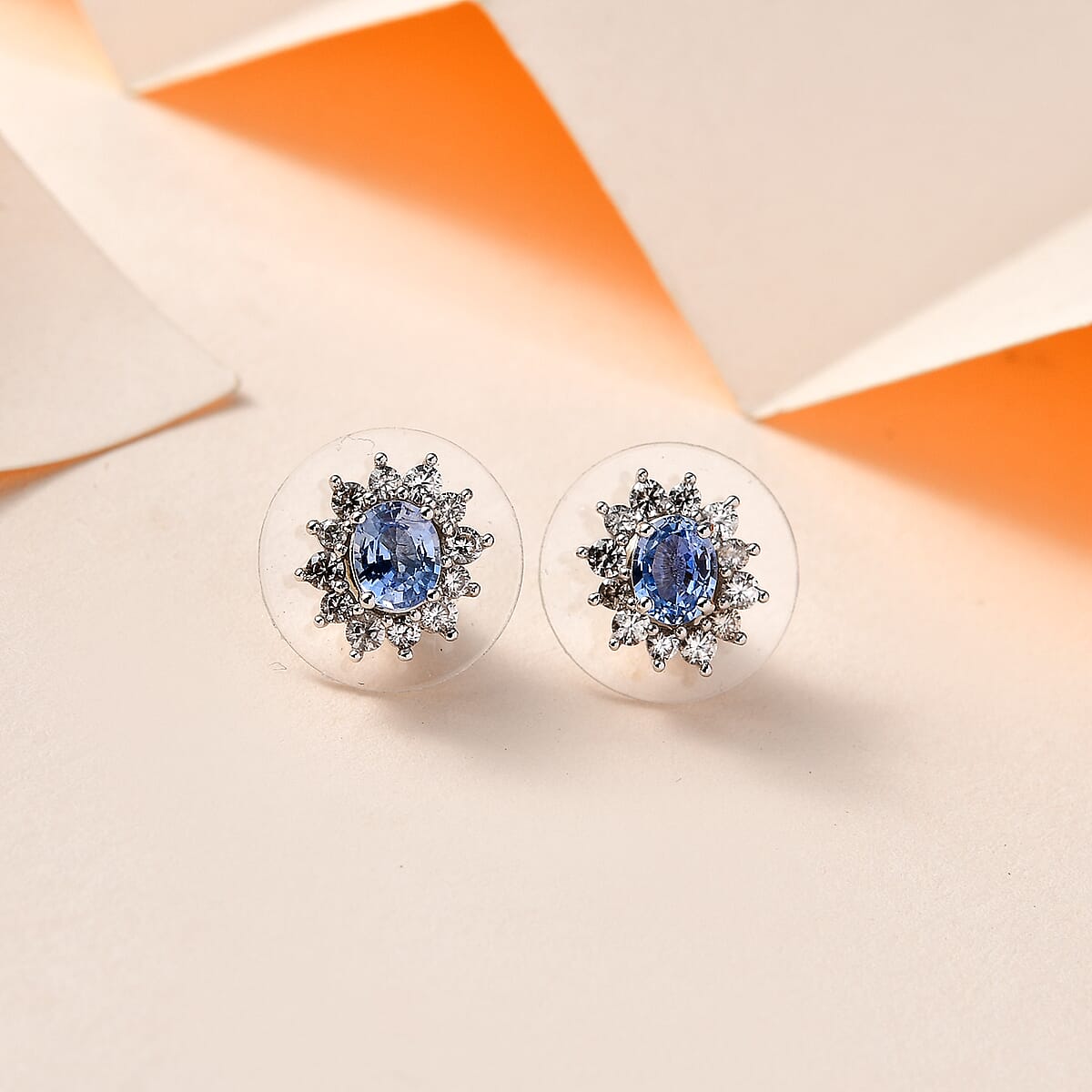 Ceylon Blue Sapphire and White Zircon Sunburst Stud Earrings in Platinum Over Sterling Silver 1.35 ctw image number 1