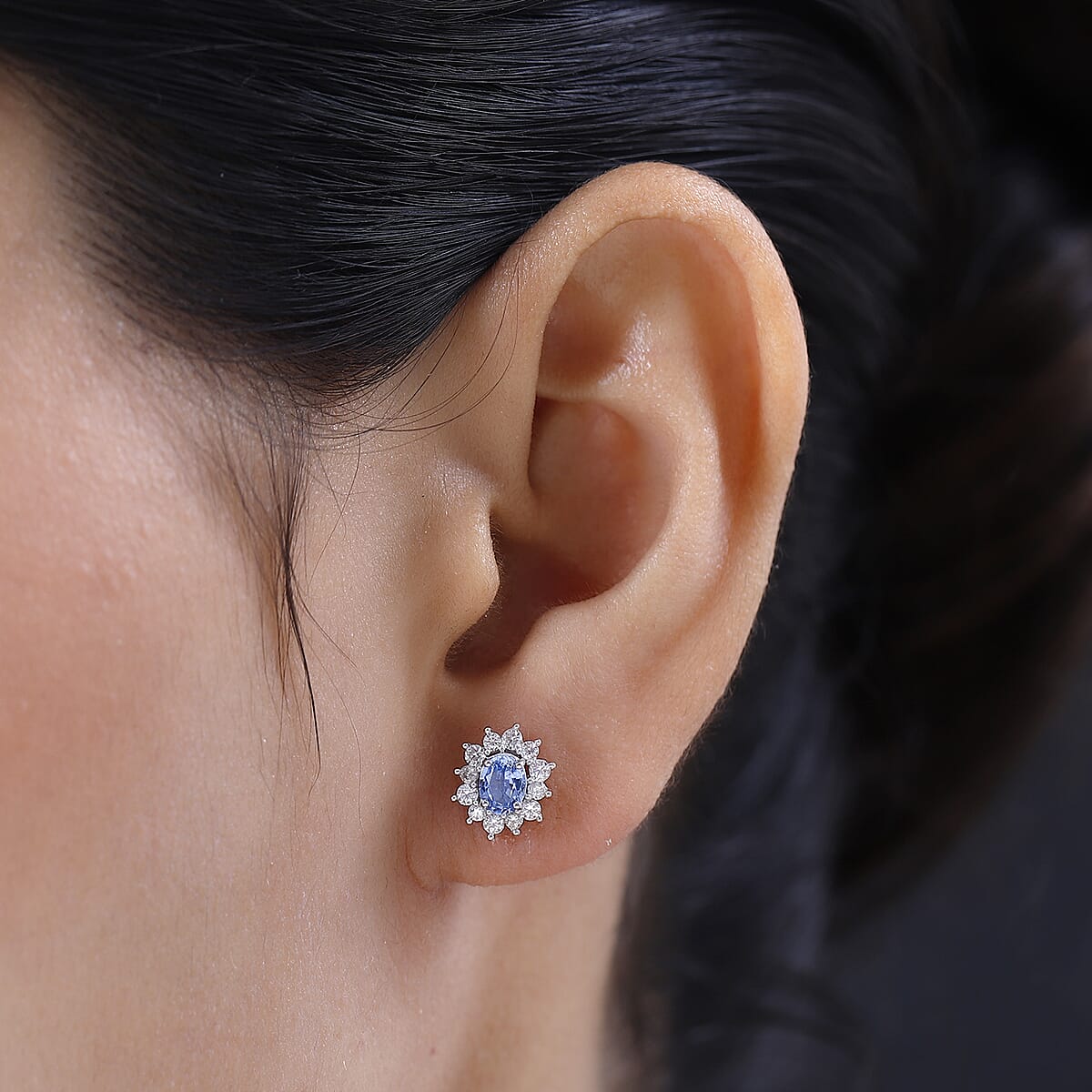 Ceylon Blue Sapphire and White Zircon Sunburst Stud Earrings in Platinum Over Sterling Silver 1.35 ctw image number 2