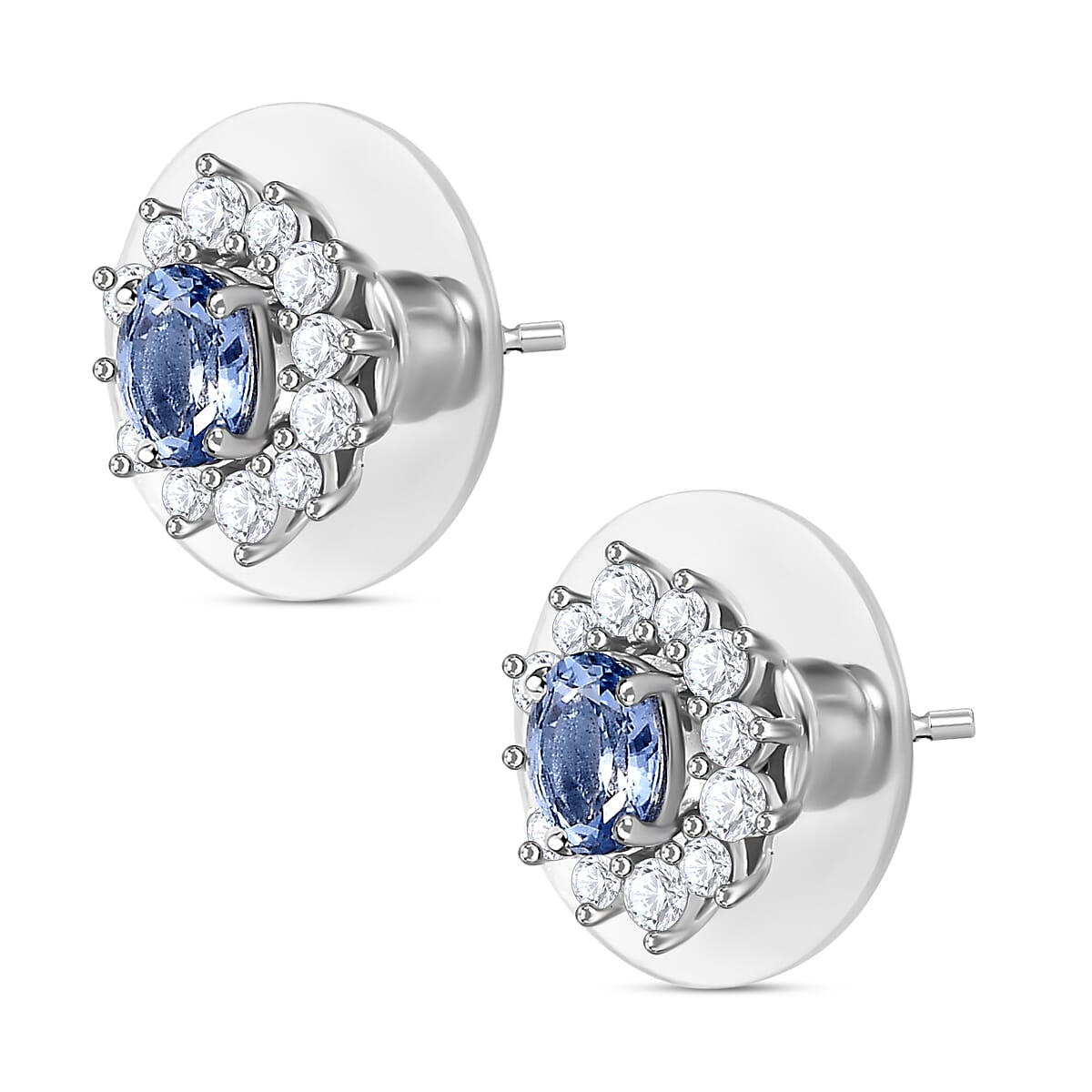 Ceylon Blue Sapphire and White Zircon Sunburst Stud Earrings in Platinum Over Sterling Silver 1.35 ctw image number 3