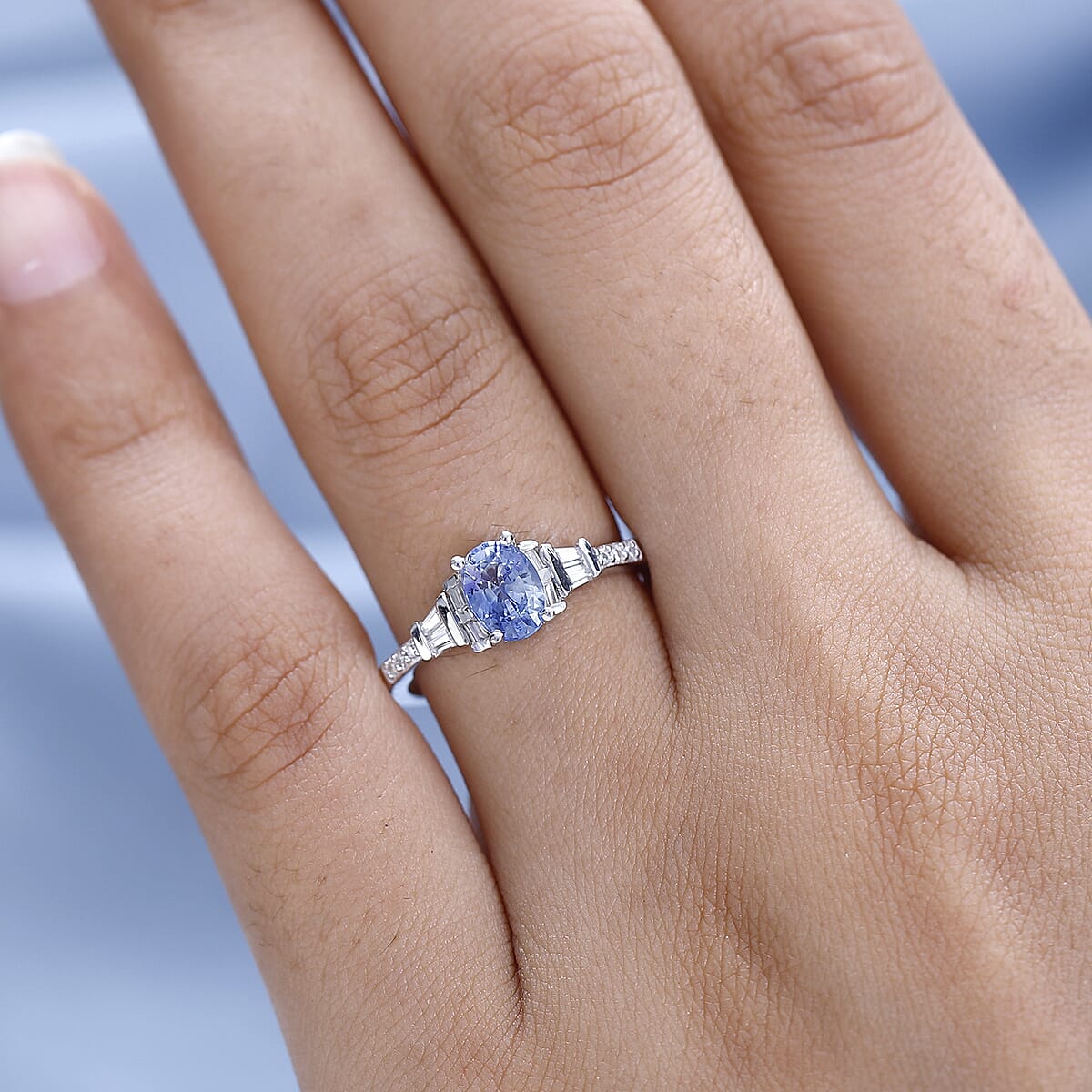 Ceylon Blue Sapphire, Moissanite Ring in Platinum Over Sterling Silver (Size 10.0) 1.15 ctw image number 2