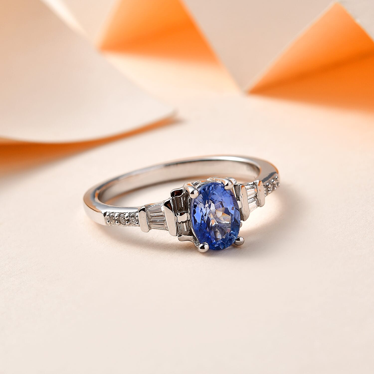 Ceylon Blue Sapphire and Moissanite Ring in Platinum Over Sterling Silver (Size 5.0) 1.15 ctw
