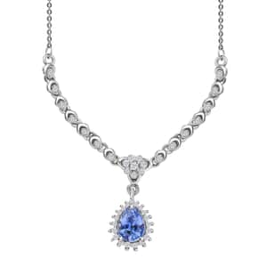 Ceylon Blue Sapphire and White Zircon Necklace 18 Inches in Platinum Over Sterling Silver 1.40 ctw