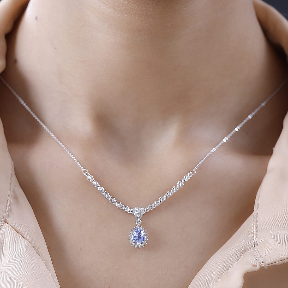 Ceylon Blue Sapphire and White Zircon Necklace 18-20 Inches in Platinum Over Sterling Silver 1.40 ctw image number 1