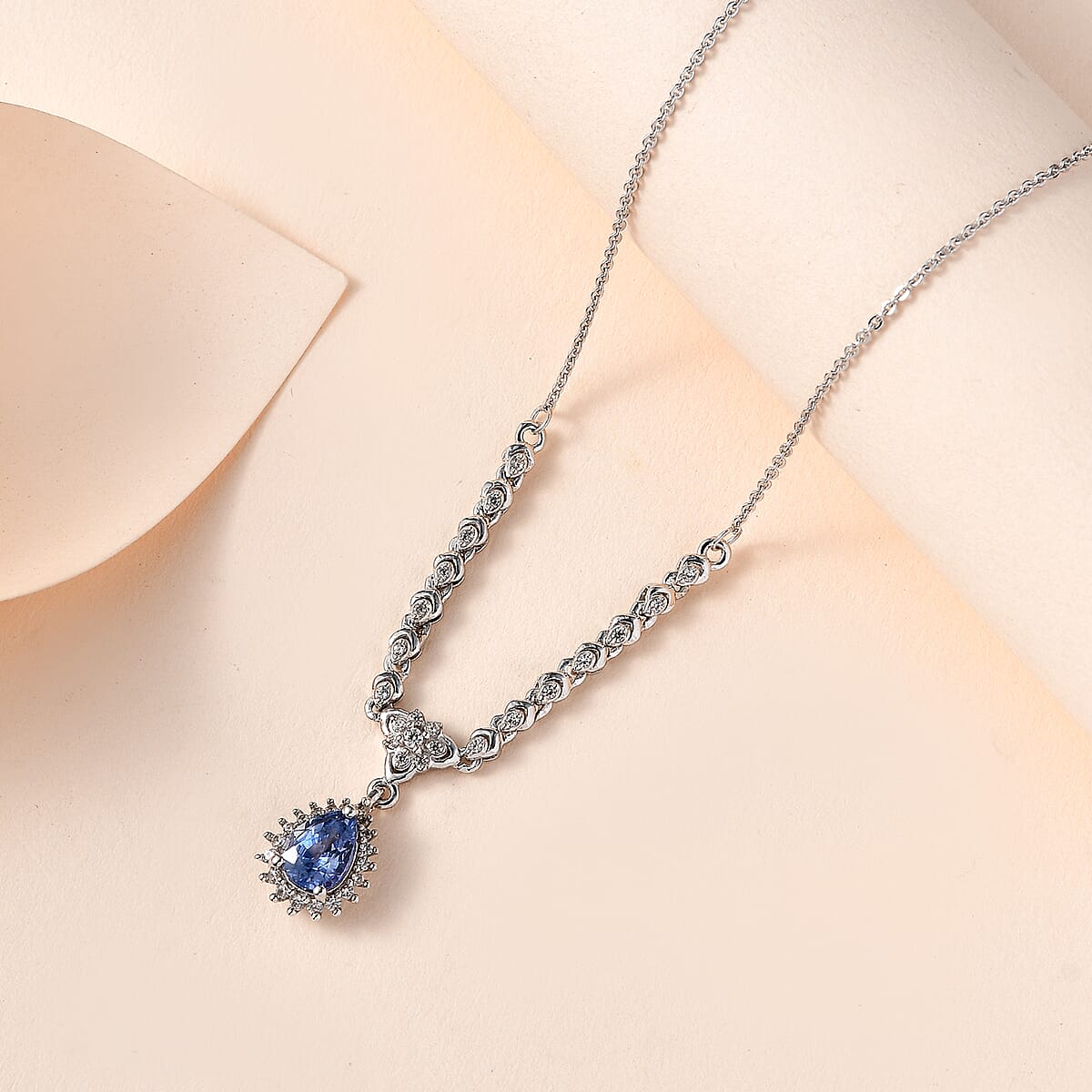 Ceylon Blue Sapphire and White Zircon Necklace 18-20 Inches in Platinum Over Sterling Silver 1.40 ctw image number 2