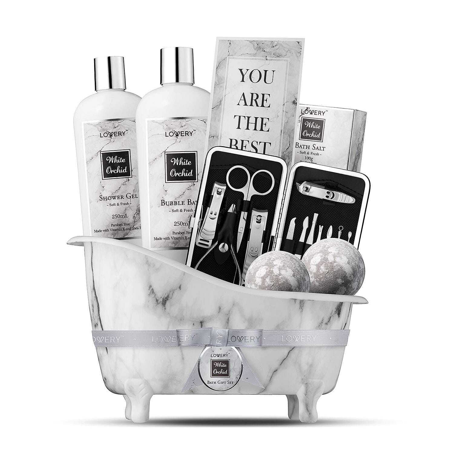 LOVERY White Marble Tub 20pc White Orchid Bath & Body Basket