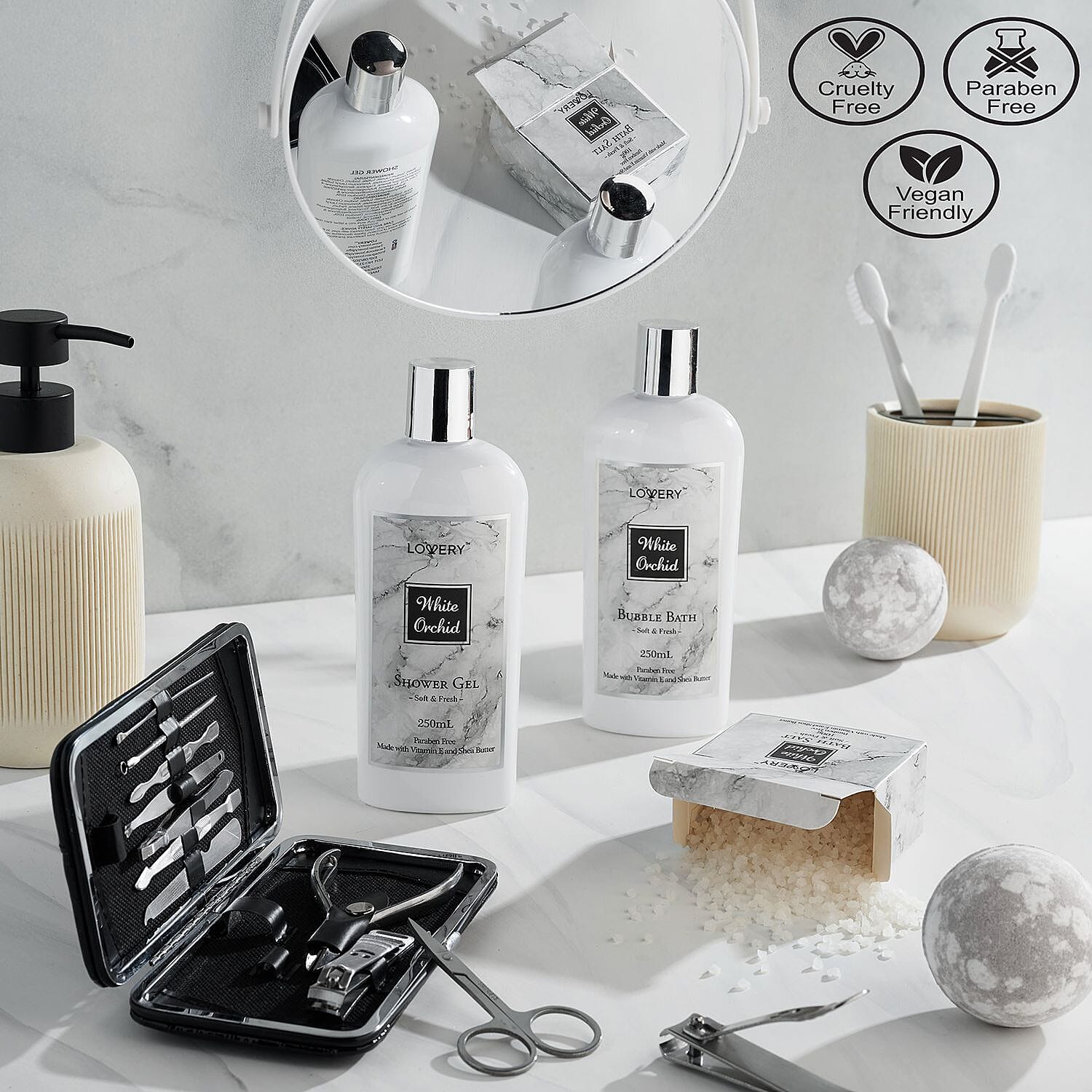 LOVERY White Marble Tub 20pc White Orchid Bath & Body Basket