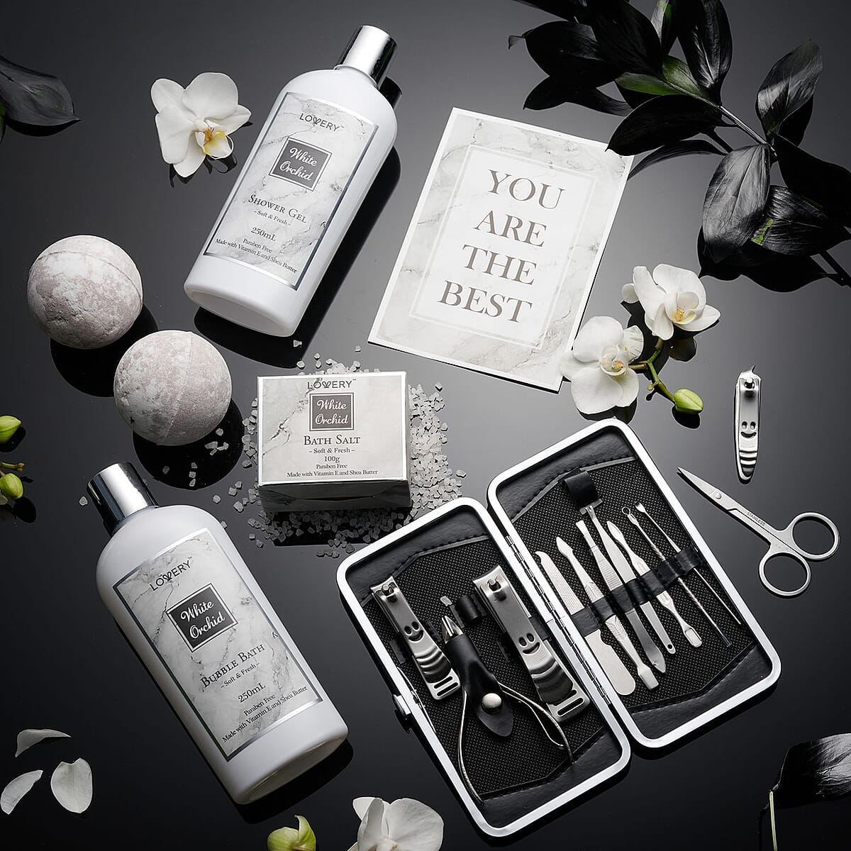 LOVERY White Marble Tub 20pc White Orchid Bath & Body Basket image number 3