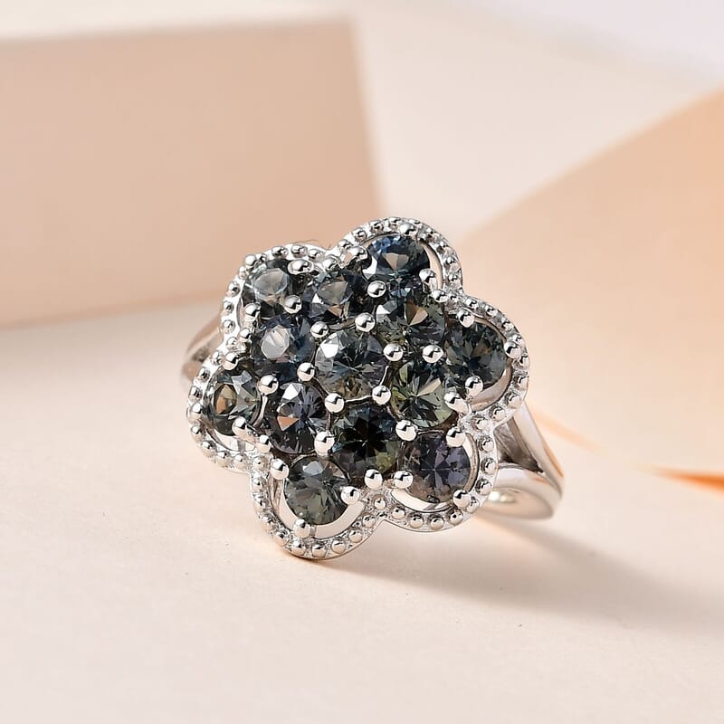 Natural Parti Sapphire 2.75 ctw Floral Ring in Platinum Over Sterling Silver (Size 5.0)