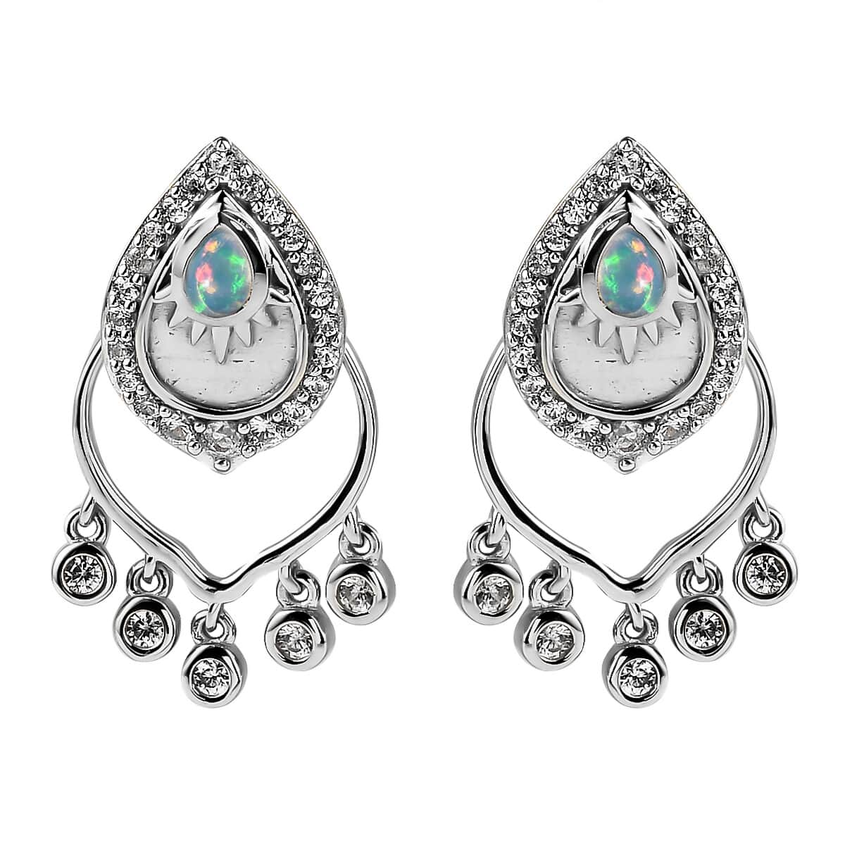 Ethiopian Welo Opal and White Zircon Chandelier Statement Charms Earrings in Platinum Over Sterling Silver 1.10 ctw image number 0