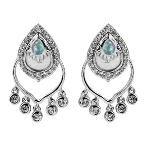 Ethiopian Welo Opal and White Zircon Chandelier Statement Charms Earrings in Platinum Over Sterling Silver 1.10 ctw