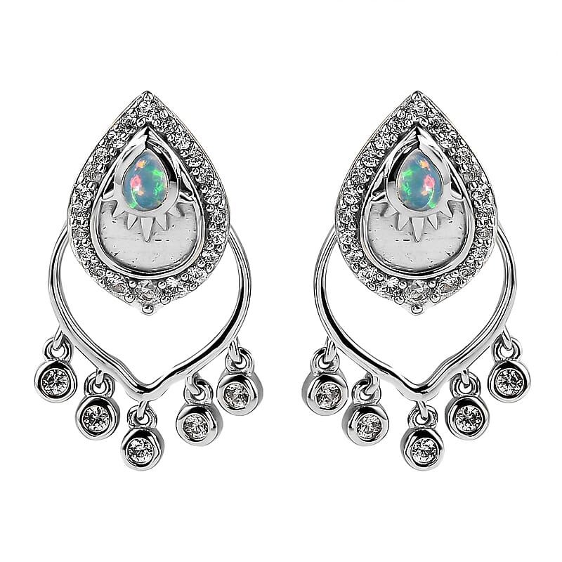 Ethiopian Welo Opal and White Zircon Chandelier Statement Charms Earrings in Platinum Over Sterling Silver 1.10 ctw