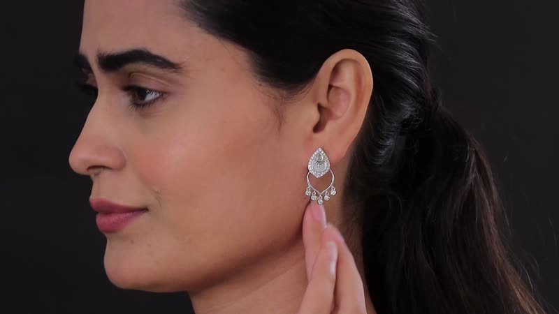 Ethiopian Welo Opal and White Zircon Chandelier Statement Charms Earrings in Platinum Over Sterling Silver 1.10 ctw