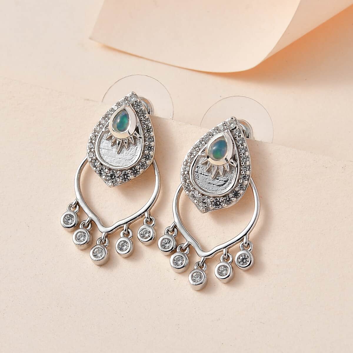 Ethiopian Welo Opal and White Zircon Chandelier Statement Charms Earrings in Platinum Over Sterling Silver 1.10 ctw image number 1