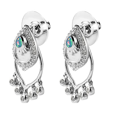 Ethiopian Welo Opal and White Zircon Chandelier Statement Charms Earrings in Platinum Over Sterling Silver 1.10 ctw