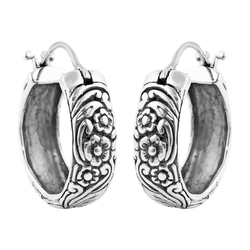Bali Legacy Frangipani Flower Hoop Earrings in Sterling Silver 11.65 Grams