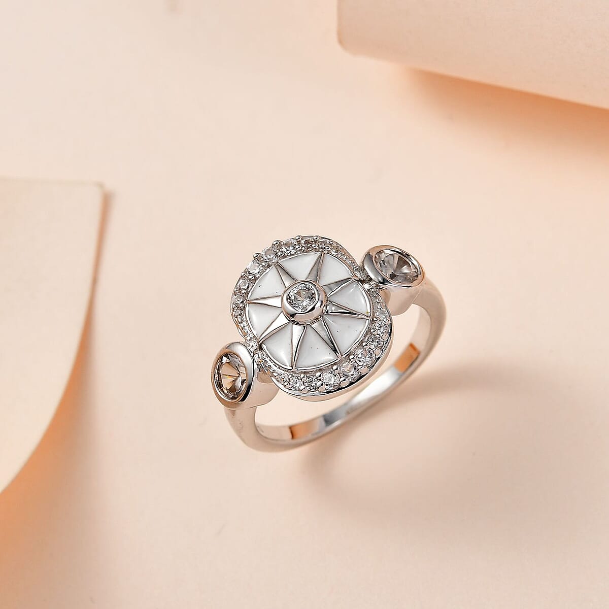 White Zircon Celestial Star White Enamel Medallion Ring in Platinum Over Sterling Silver (Size 6.0) 1.00 ctw image number 1