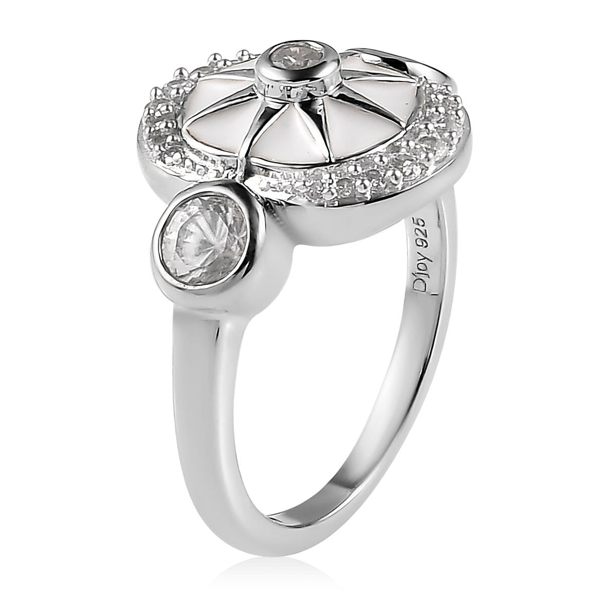 White Zircon Celestial Star White Enamel Medallion Ring in Platinum Over Sterling Silver (Size 6.0) 1.00 ctw image number 3