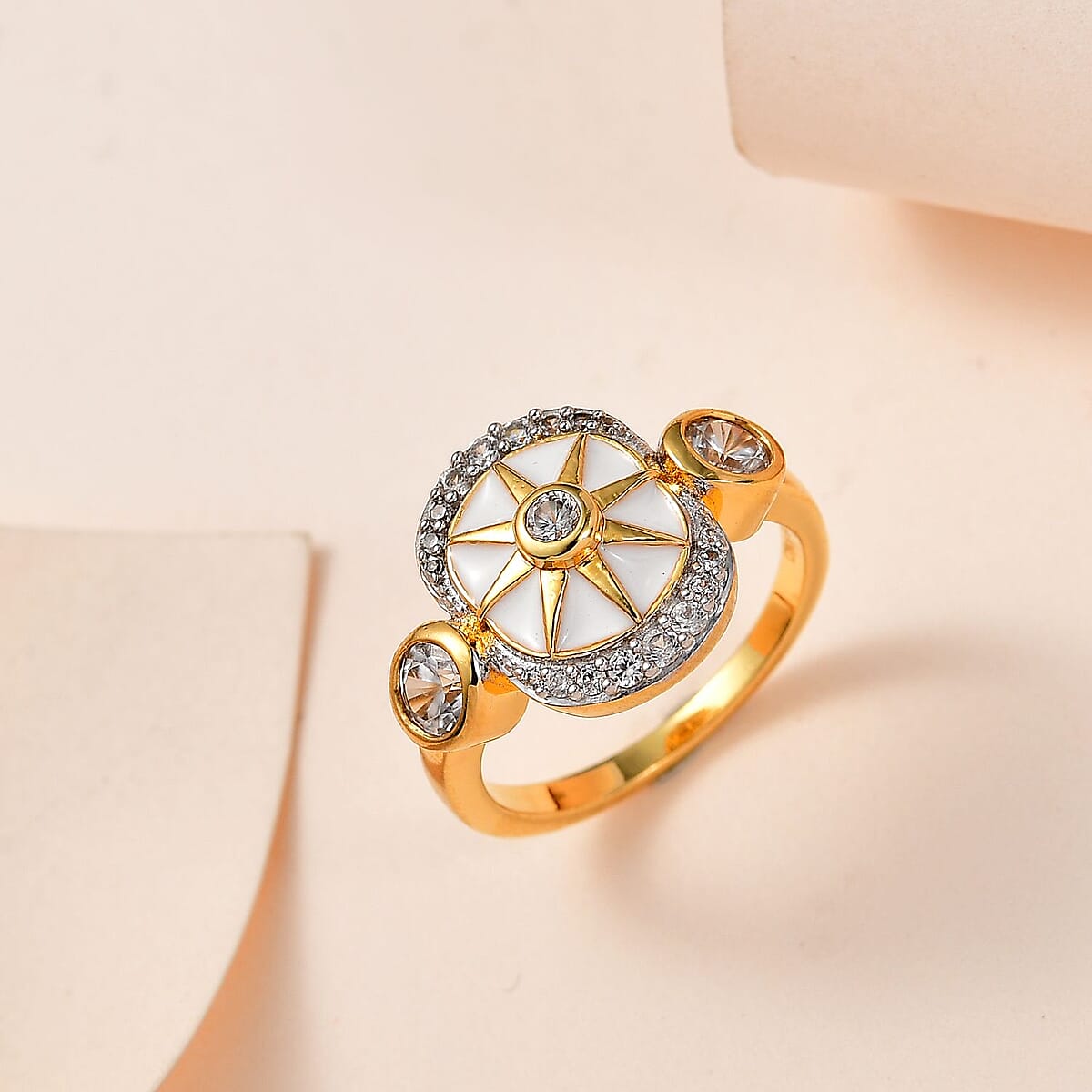 White Zircon Celestial Star White Enamel Medallion Ring in Vermeil Yellow Gold Over Sterling Silver (Size 7.0) 1.00 ctw image number 1
