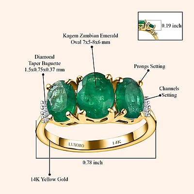 Luxoro AAA Kagem Zambian Emerald and G-H I3 Diamond 2.55 ctw Ring  in  14K Yellow Gold (Size 7.0)