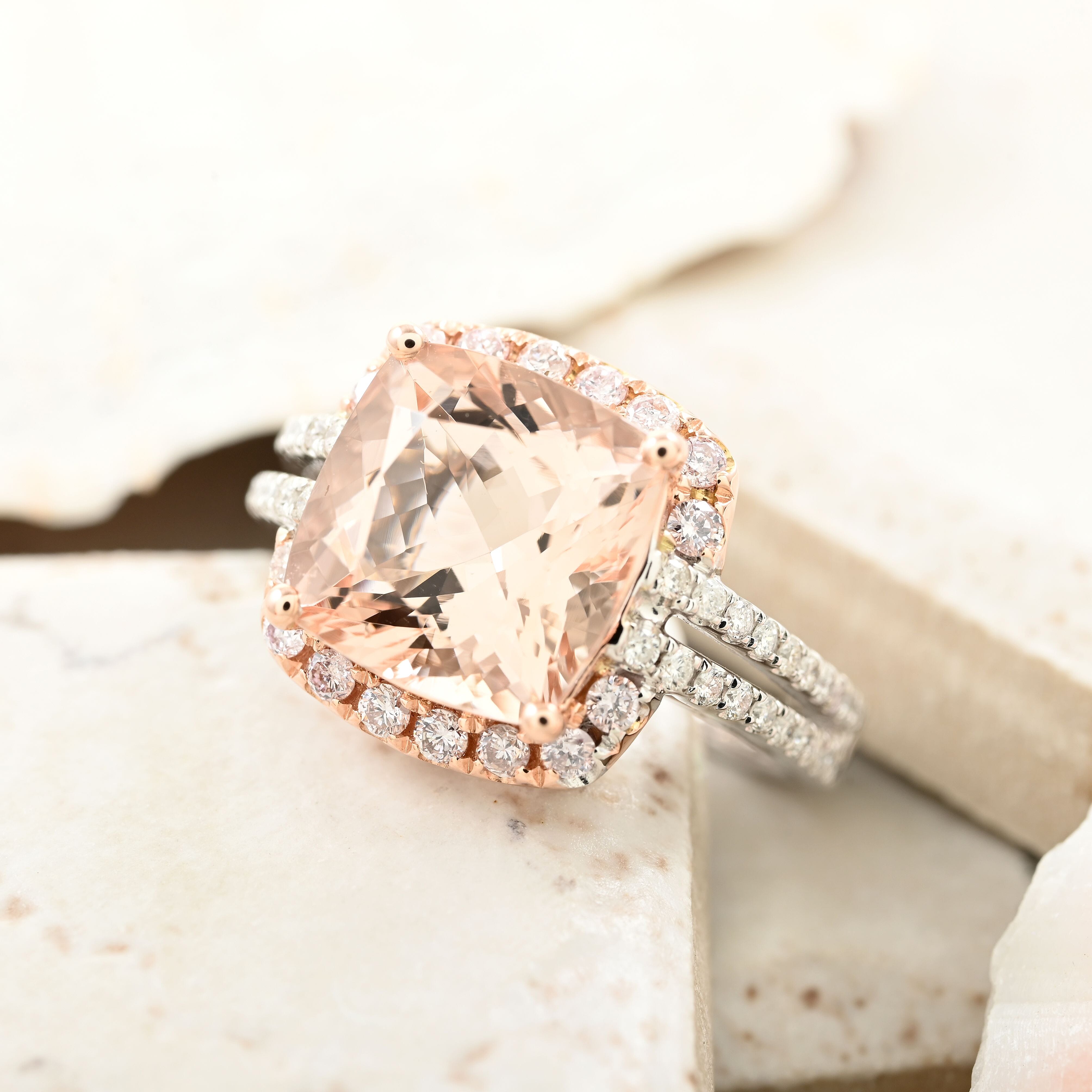 Modani 14K White and Rose Gold Marropino Morganite, SI Natural Pink and White Diamond Halo Ring (Size 10.0) 4.5 Grams 4.55 ctw