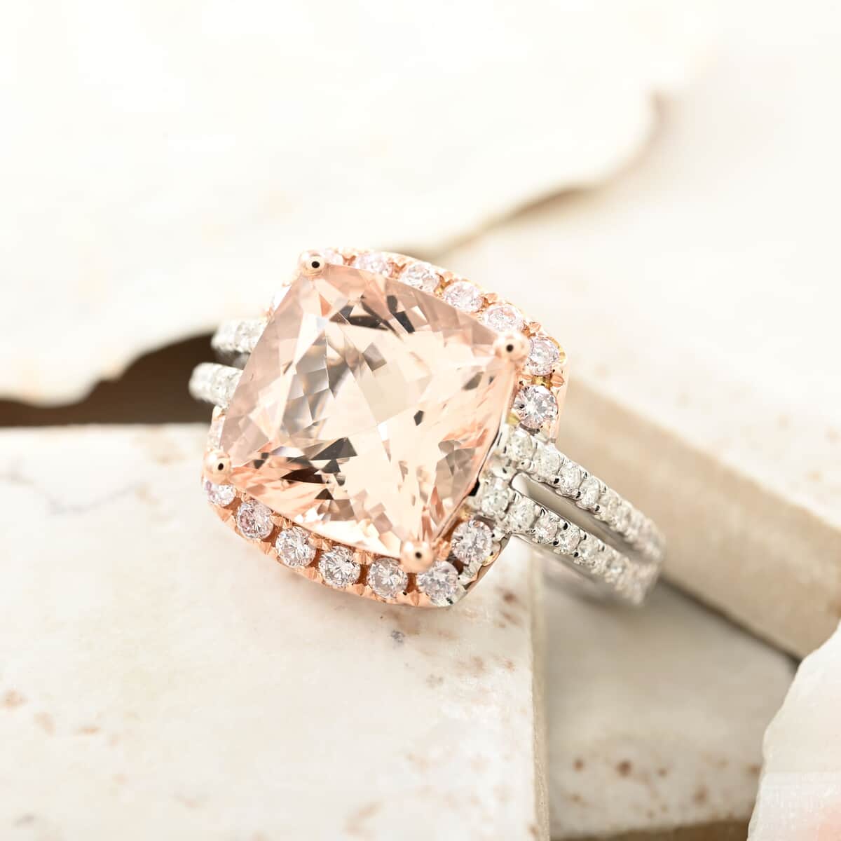 Modani 14K White and Rose Gold Marropino Morganite, SI Natural Pink and White Diamond Halo Ring 4.5 Grams (Del. in 10-12 Days) 4.55 ctw image number 1