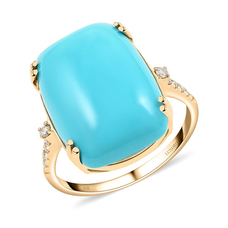 Certified & Appraised Luxoro 10K Yellow Gold AAA Sleeping Beauty Turquoise and I2 Diamond Ring (Size 10.0) 11.00 ctw